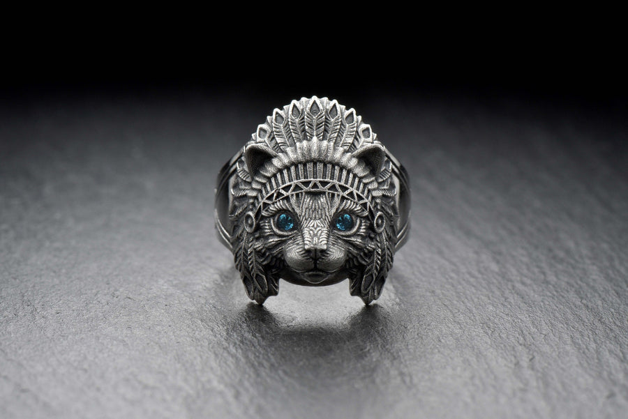 Sterling Silver Cat Ring – Boho Tribal Chief Headdress Jewelry
