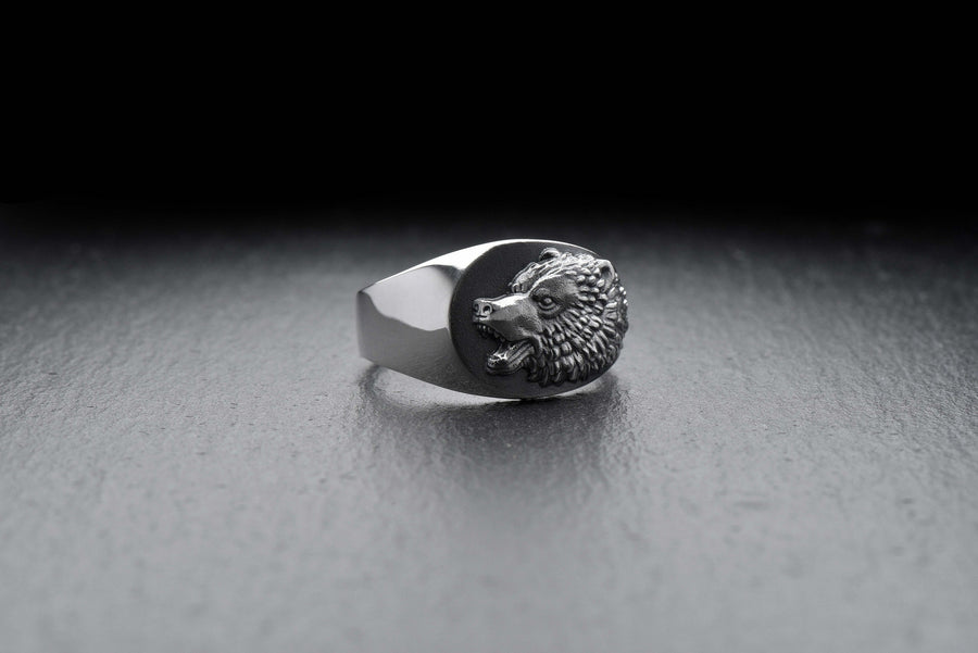 Signet ring	men's jewelry	silver signet ring	animal silver ring	signet silver ring	men ring	men jewelry	jewelry for men	Bear silver ring	bear art	grizzly bear ring	bear jewelry	Angry bear jewelry (etsy image id: 4122440217)