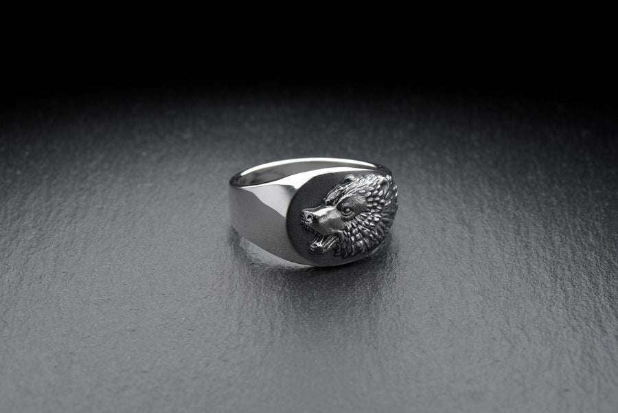 Signet ring	men's jewelry	silver signet ring	animal silver ring	signet silver ring	men ring	men jewelry	jewelry for men	Bear silver ring	bear art	grizzly bear ring	bear jewelry	Angry bear jewelry (etsy image id: 4122440217)