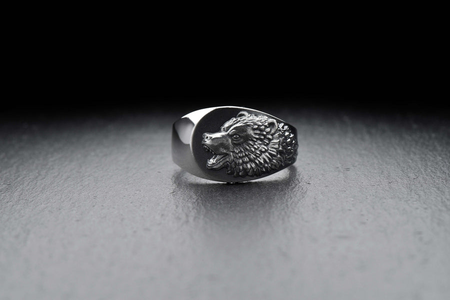 Signet ring	men's jewelry	silver signet ring	animal silver ring	signet silver ring	men ring	men jewelry	jewelry for men	Bear silver ring	bear art	grizzly bear ring	bear jewelry	Angry bear jewelry (etsy image id: 4122440217)