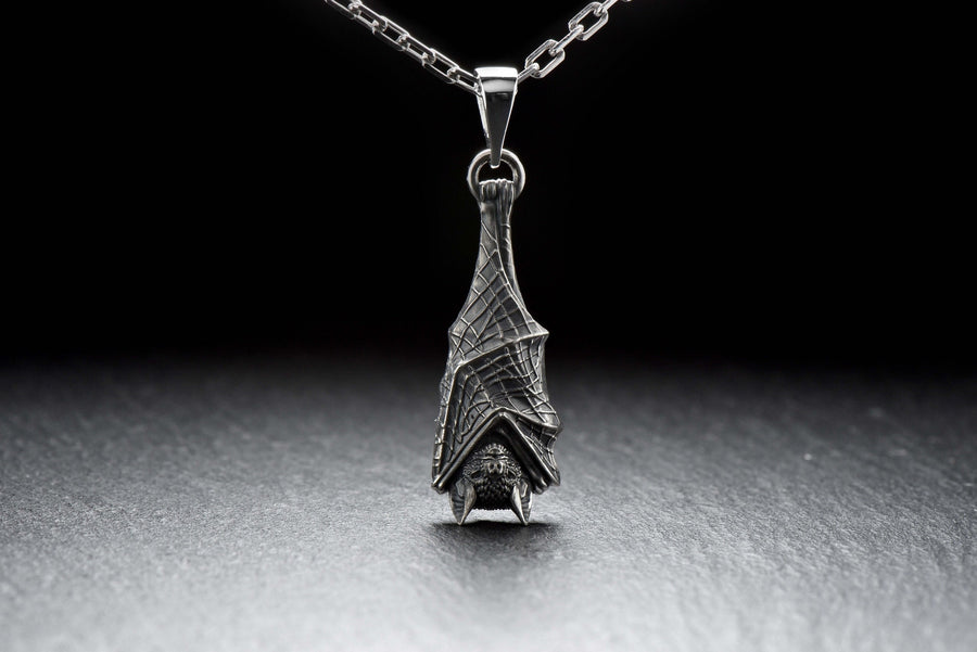 Sterling Silver Bat Pendant, Gothic Sleeping Bat Necklace, Handmade Animal Jewelry for Bat Lovers, Vampire Gift, Dark Fantasy Jewelry (etsy image id: 4122476032)