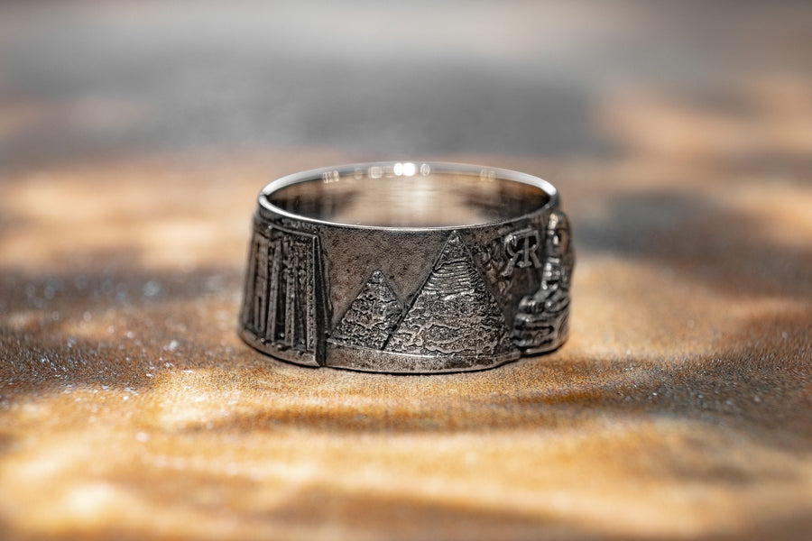 Introducing the stunning Egypt Cityscape Ring! This beautiful silver ring is crafted with sterling silver and features an intricate city skyline, perfect for any Ancient Egypt jewelry or souvenir fan. (etsy image id: 7261996608)