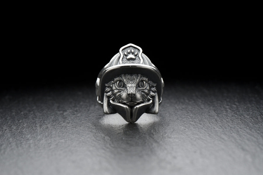 Firefighter Cat Silver Ring - Sterling Silver Hero Cat Ring, Unique Fireman Jewelry Gift for Him or Her