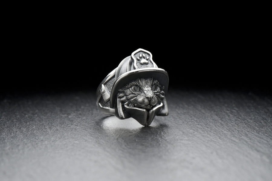 Firefighter Cat Silver Ring - Sterling Silver Hero Cat Ring, Unique Fireman Jewelry Gift for Him or Her