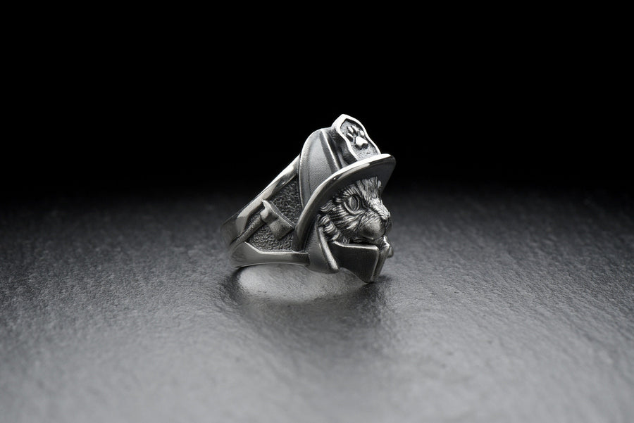 Firefighter Cat Silver Ring - Sterling Silver Hero Cat Ring, Unique Fireman Jewelry Gift for Him or Her