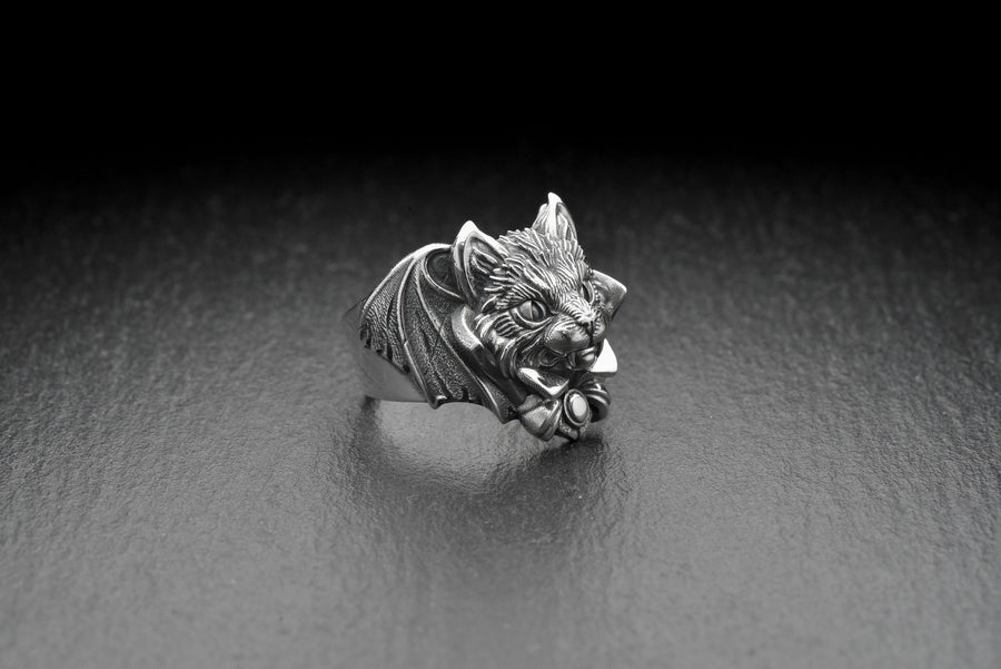 Sterling Silver Vampire Cat Ring: Handmade Animal Jewelry