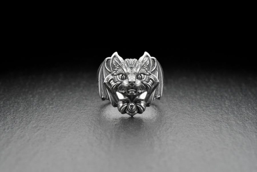 Sterling Silver Vampire Cat Ring: Handmade Animal Jewelry