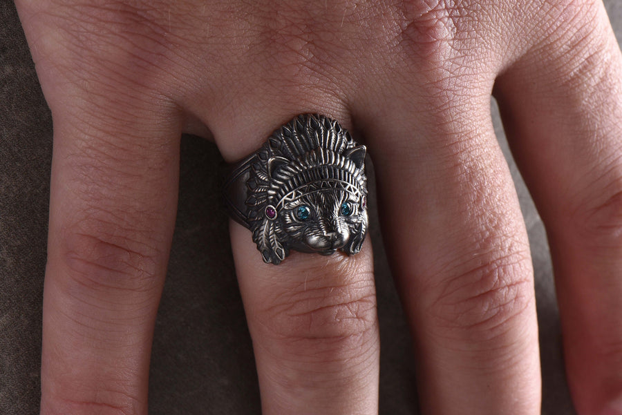 Sterling Silver Cat Ring – Boho Tribal Chief Headdress Jewelry