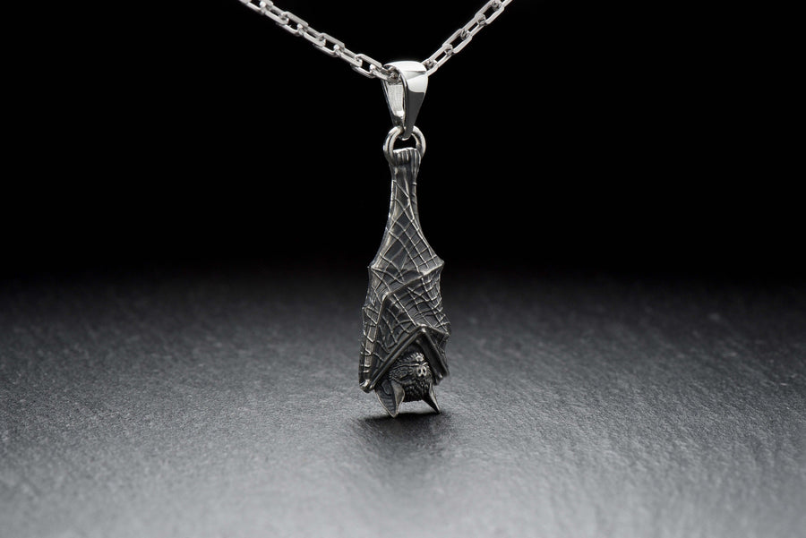Sterling Silver Bat Pendant, Gothic Sleeping Bat Necklace, Handmade Animal Jewelry for Bat Lovers, Vampire Gift, Dark Fantasy Jewelry (etsy image id: 4122476032)