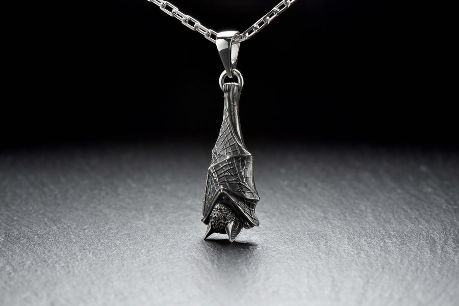 Sterling Silver Bat Pendant, Gothic Sleeping Bat Necklace, Handmade Animal Jewelry for Bat Lovers, Vampire Gift, Dark Fantasy Jewelry (etsy image id: 4122476032)