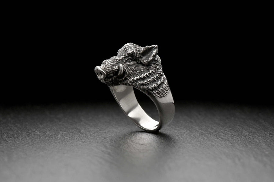 Sterling Silver Boar Head Ring: Handmade Animal Jewelry