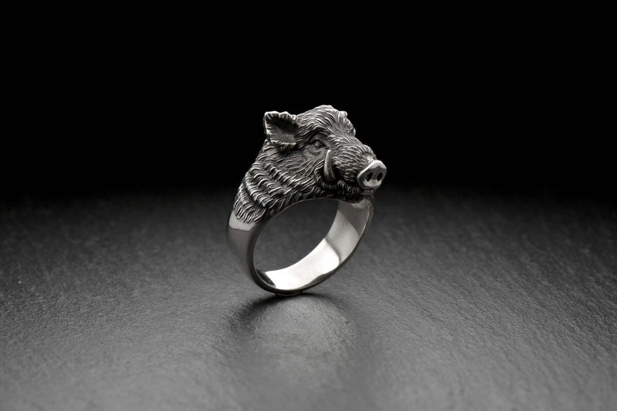 Sterling Silver Boar Head Ring: Handmade Animal Jewelry