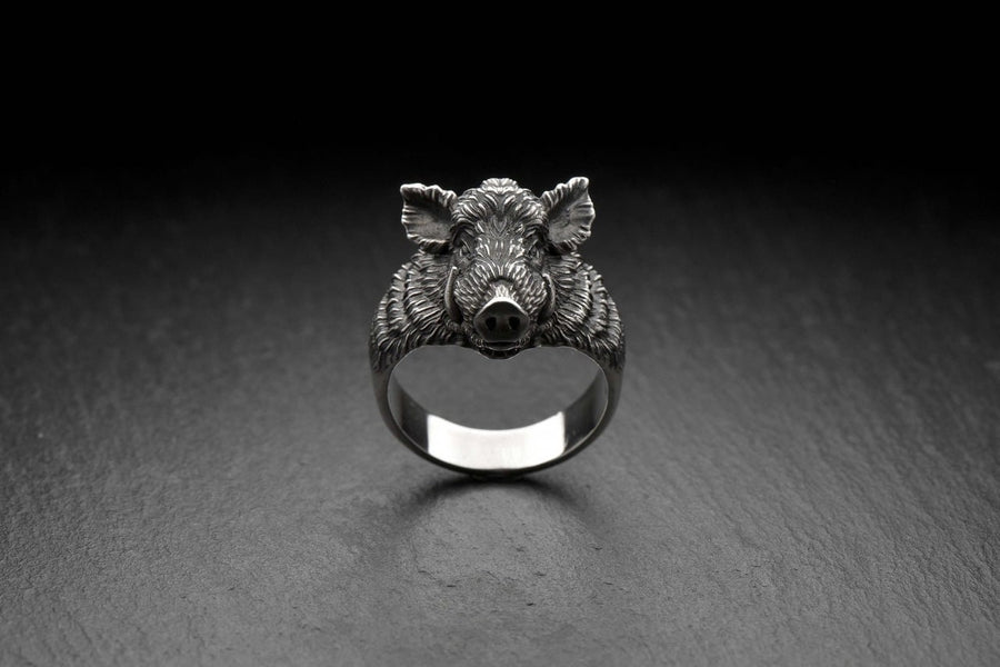 Sterling Silver Boar Head Ring: Handmade Animal Jewelry