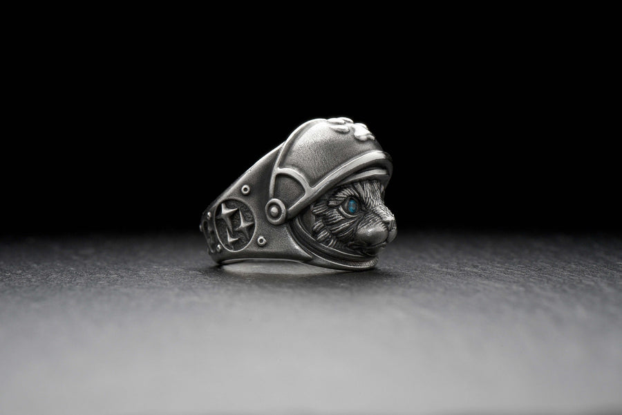 Sterling Silver Astronaut Cat Ring: Handmade Space Jewelry