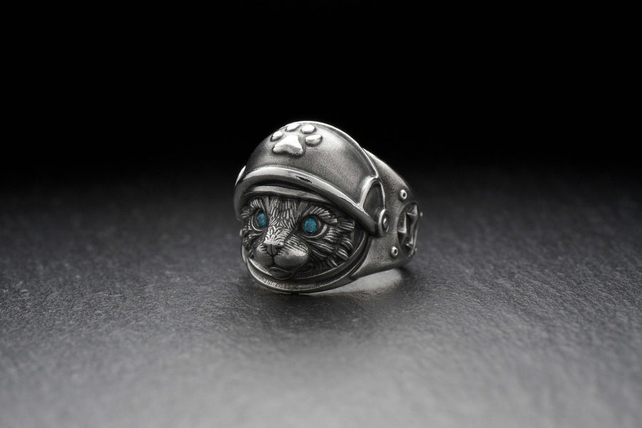 Sterling Silver Astronaut Cat Ring: Handmade Space Jewelry