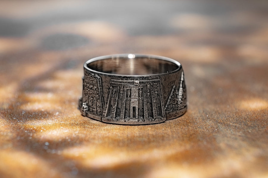 Introducing the stunning Egypt Cityscape Ring! This beautiful silver ring is crafted with sterling silver and features an intricate city skyline, perfect for any Ancient Egypt jewelry or souvenir fan. (etsy image id: 7261996608)