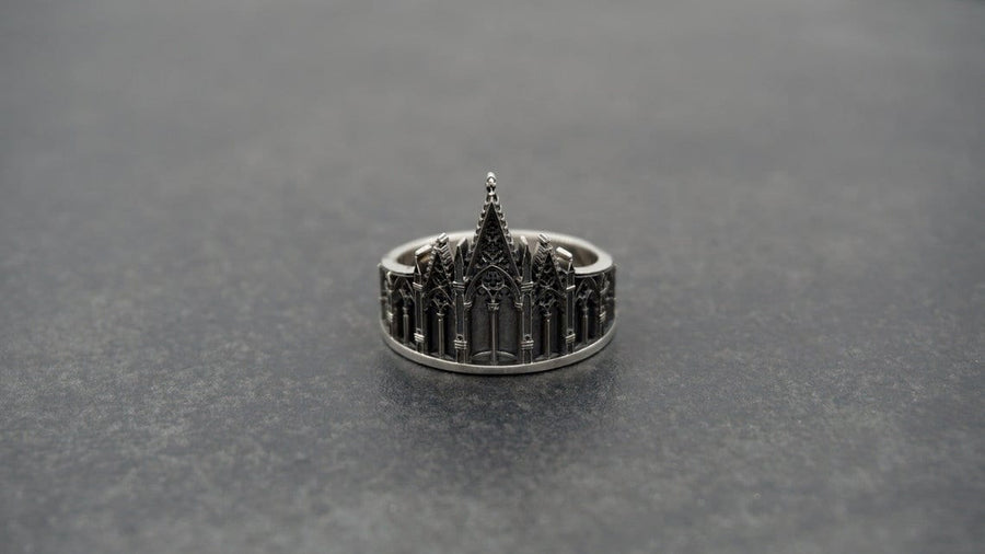We have rings for people who love to explore the great outdoors, as well as those who love to stay in. With memories and kindness. The image highlights the "chiselled" quality of the 925 sterling silver. The ridges of the rooflines and pillars are sharp and defined, while the background surfaces have a textured, grainy finish like limestone. The oxidation is applied carefully to the "windows" and "doors" of the cathe (etsy image id: 4211827296)