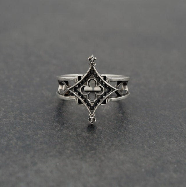 Gothic ring	Medieval jewelry	gothic jewelry	goth ring	Cathedral ring	vintage ring	gothic gift	gothic lover gift	gothic wedding ring	gothic engagement	gothic ring men	gothic black ring	engagement ring, This angle demonstrates the openwork construction of the band. The shoulders feature cut-out arches that reduce the weight of the ring and add an airy, cathedral-like quality. The symmetry of the North/South points is precise. (etsy image id: 7225054934)