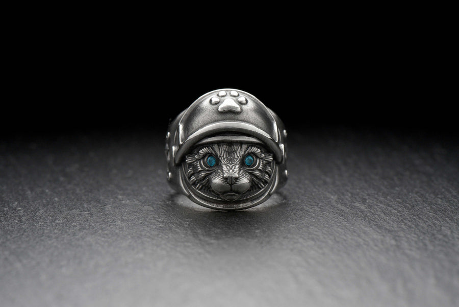 Sterling Silver Astronaut Cat Ring: Handmade Space Jewelry
