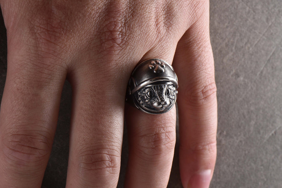 Sterling Silver Astronaut Cat Ring: Handmade Space Jewelry