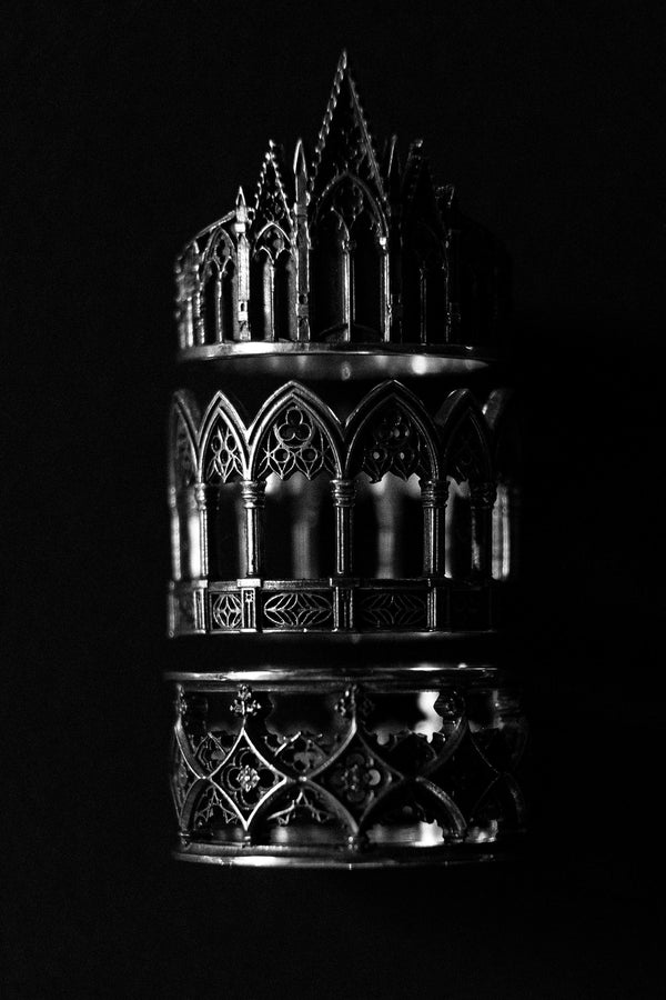 Sterling Silver Gothic Ring, Vintage Ring, Engagement Ring, Handmade Medieval Jewelry, Mens Ring, Unique Womens Gift, Gift Idea, Unique Ring, This angle demonstrates the "openwork" illusion of the design. While the ring is a solid band, the deep relief casting creates the appearance of a hollow gallery or walkway. The repetition of the arches is mathematically precise, mirroring the rhythm of a Gothic nave. It showcases a mastery of arc (etsy image id: 7305776203)
