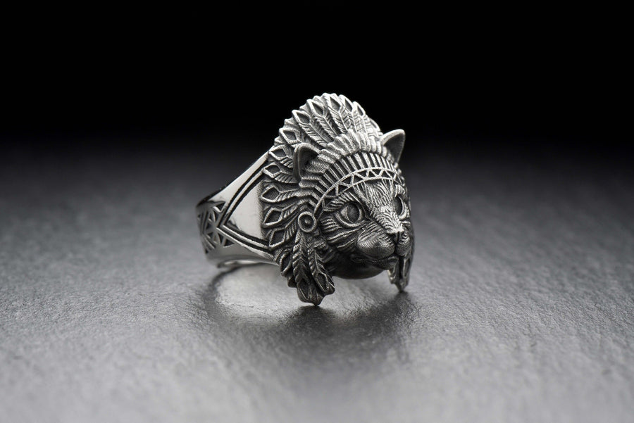 Sterling Silver Cat Ring – Boho Tribal Chief Headdress Jewelry