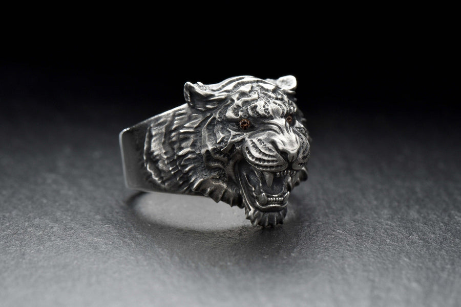 Sterling Silver Siberian Tiger Ring: Handmade Animal Jewelry