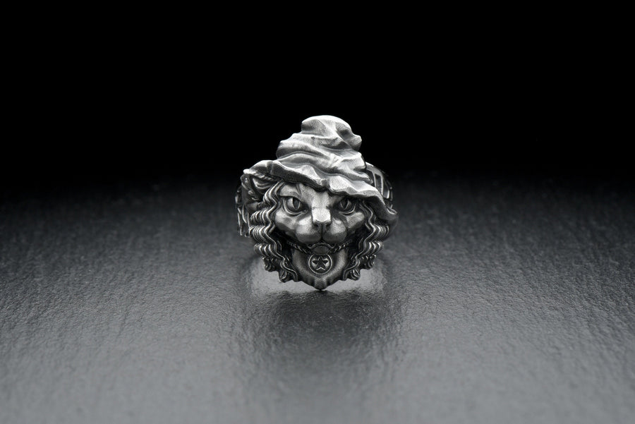Witch Cat Sterling Silver Ring – Gothic Feline Occult Jewelry, Pentagram Witch Hat Details