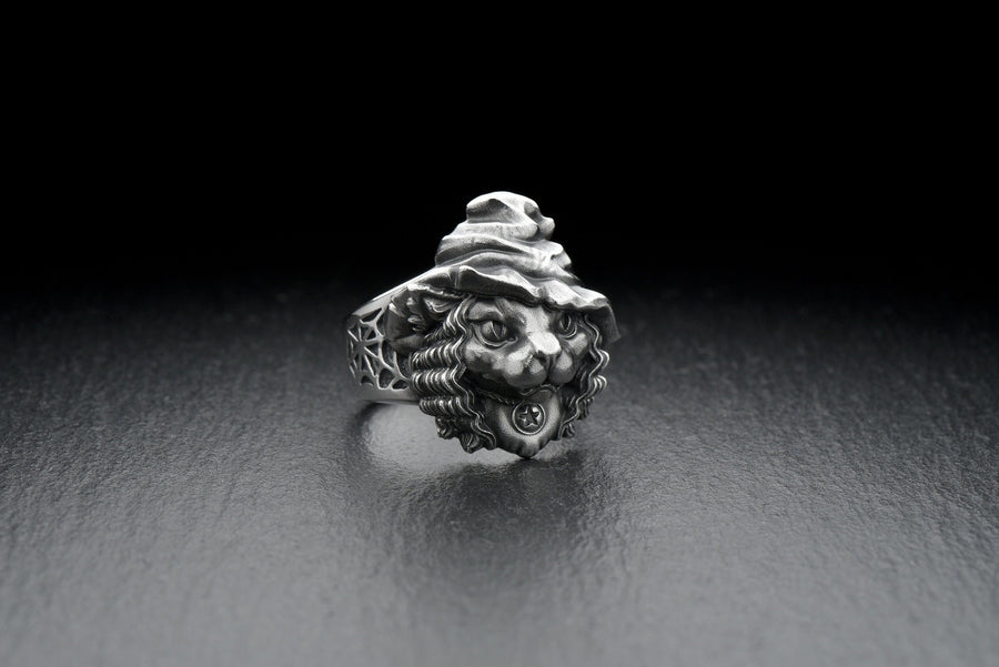 Witch Cat Sterling Silver Ring – Gothic Feline Occult Jewelry, Pentagram Witch Hat Details