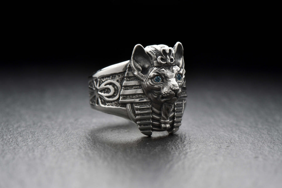 Cat Pharaoh Silver Ring – Egyptian Sphynx Cat Jewelry in Sterling Silver, Ancient Goddess Bastet Inspired Ring