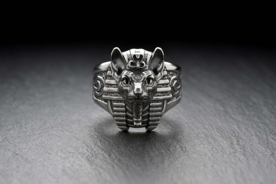 Cat Pharaoh Silver Ring – Egyptian Sphynx Cat Jewelry in Sterling Silver, Ancient Goddess Bastet Inspired Ring