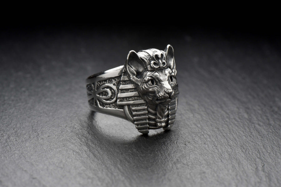 Cat Pharaoh Silver Ring – Egyptian Sphynx Cat Jewelry in Sterling Silver, Ancient Goddess Bastet Inspired Ring