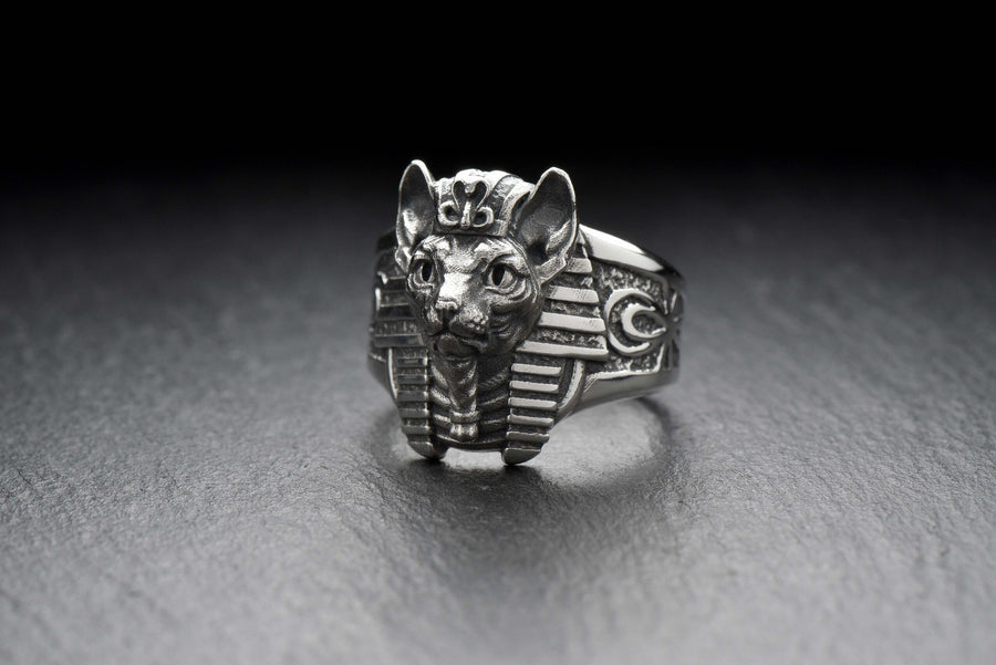 Cat Pharaoh Silver Ring – Egyptian Sphynx Cat Jewelry in Sterling Silver, Ancient Goddess Bastet Inspired Ring