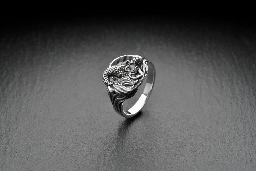Signet ring	silver signet ring	signet silver ring	mermaid ring	sea lover gift	sea creature	mythology jewelry	siren ring	siren silver	Meerjungfrau-Ring	bague sirène	sirène anneau	Sirenenring (etsy image id: 4370489775)