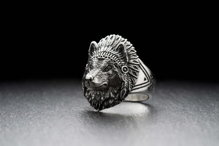 Sterling Silver Wolf Ring, Wolf Chief Totem Jewelry, Animal Ring for Men, Wild Nature Ring, Wolf Spirit Gift, Handmade Ring