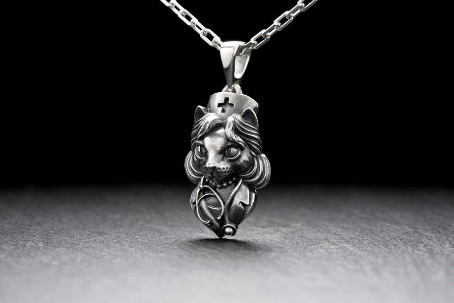 silver pendant	animal jewelry	cat silver	cat pendant	cat necklace	silver necklace	silver cat	nurse cat	nurse gift	doctor gift	doctor cat	nurse pendant	cat nurse (etsy image id: 4359729707)