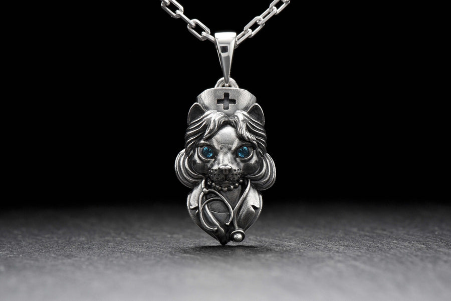 silver pendant	animal jewelry	cat silver	cat pendant	cat necklace	silver necklace	silver cat	nurse cat	nurse gift	doctor gift	doctor cat	nurse pendant	cat nurse (etsy image id: 4359729707)