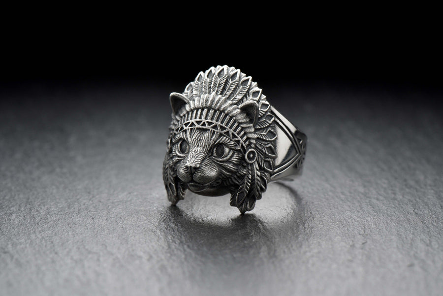 Sterling Silver Cat Ring – Boho Tribal Chief Headdress Jewelry