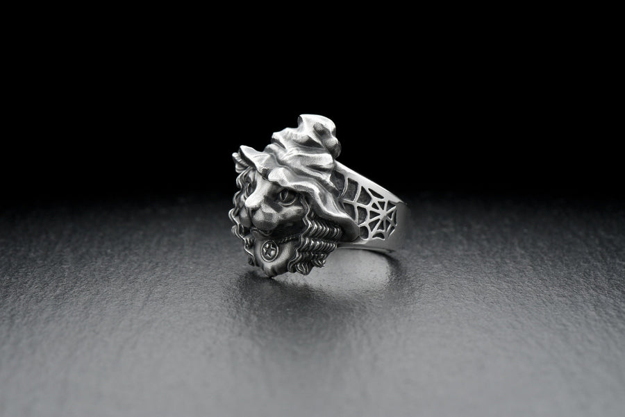 Witch Cat Sterling Silver Ring – Gothic Feline Occult Jewelry, Pentagram Witch Hat Details