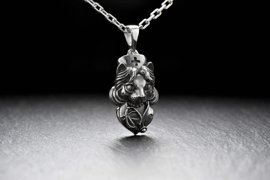 silver pendant	animal jewelry	cat silver	cat pendant	cat necklace	silver necklace	silver cat	nurse cat	nurse gift	doctor gift	doctor cat	nurse pendant	cat nurse (etsy image id: 4359729707)