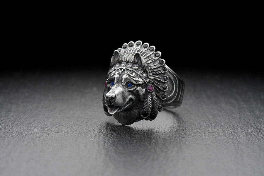 Sterling Silver Husky Chief Ring, Handmade Dog Totem Jewelry