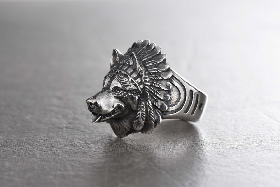 Sterling Silver Husky Chief Ring, Handmade Dog Totem Jewelry