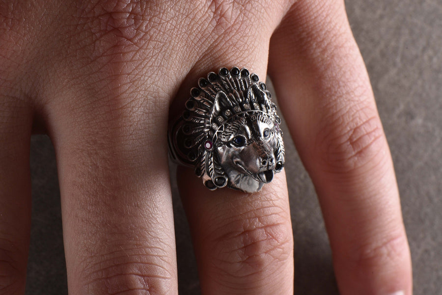 Sterling Silver Husky Chief Ring, Handmade Dog Totem Jewelry