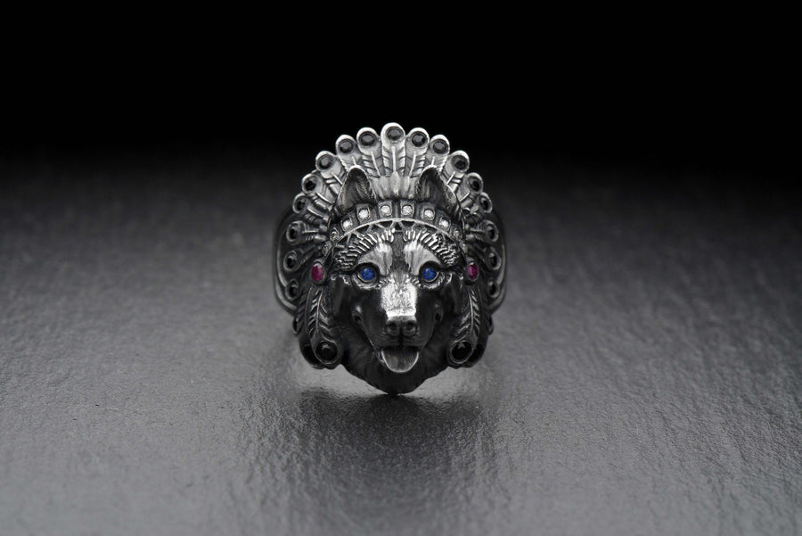 Sterling Silver Husky Chief Ring, Handmade Dog Totem Jewelry