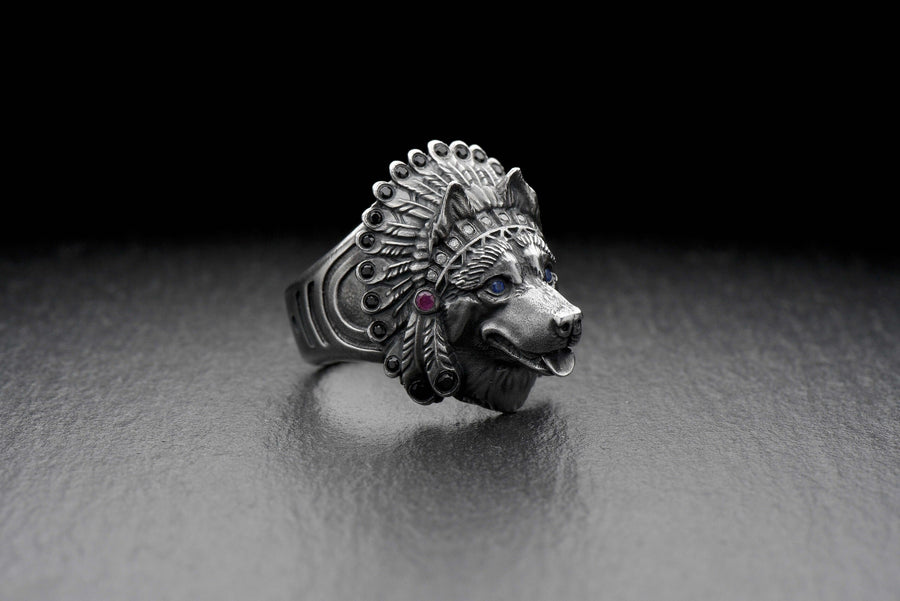 Sterling Silver Husky Chief Ring, Handmade Dog Totem Jewelry