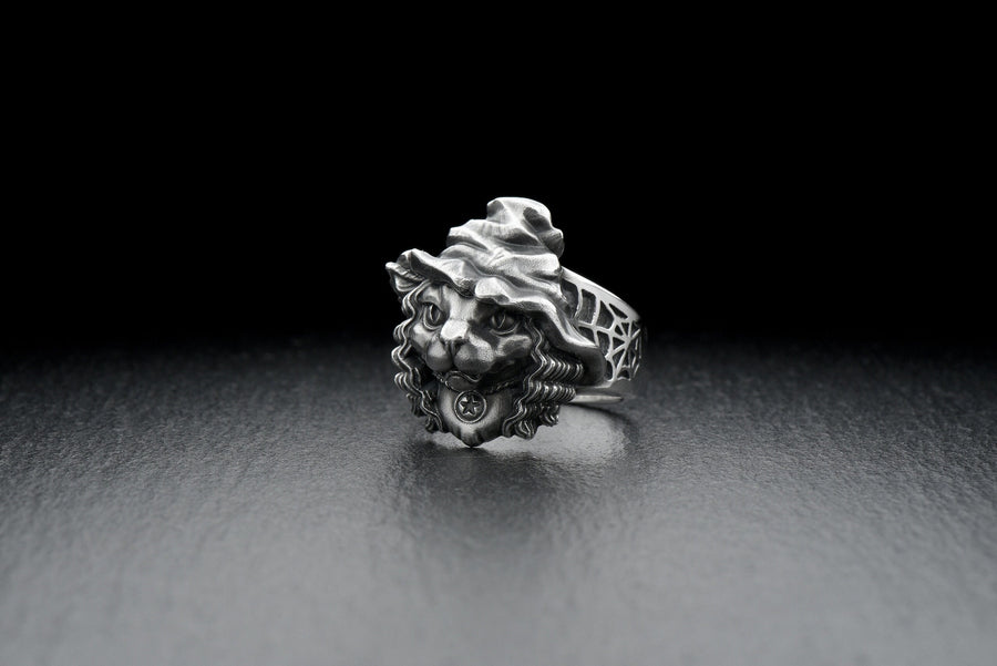 Witch Cat Sterling Silver Ring – Gothic Feline Occult Jewelry, Pentagram Witch Hat Details