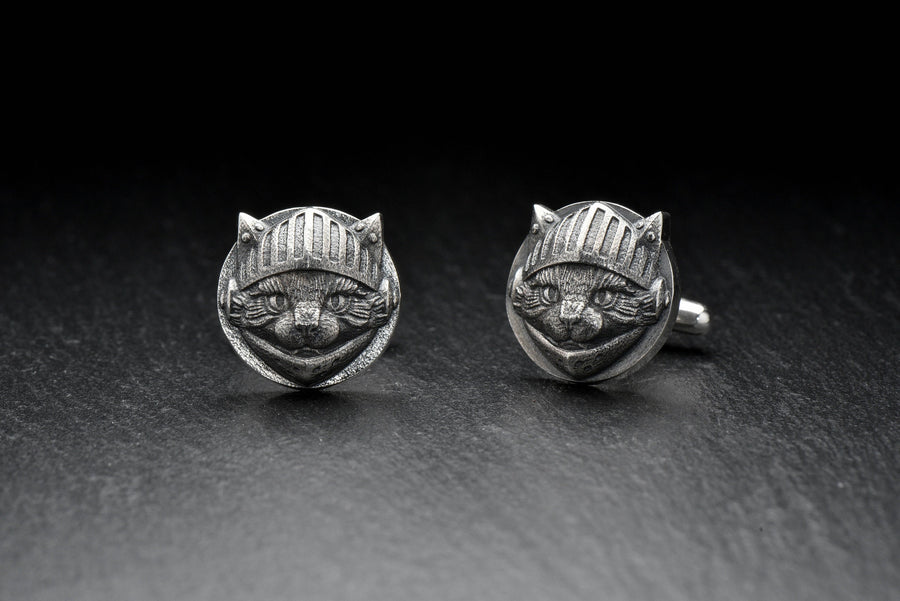 Sterling Silver Knight Cat Cufflinks, Medieval Pet Jewelry, Oxidized Finish (etsy image id: 5889101873)