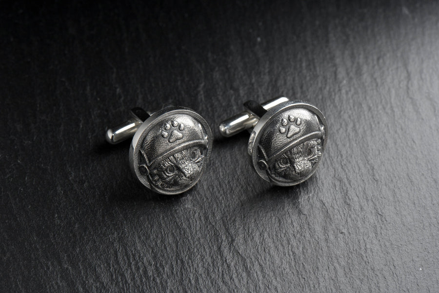 Sterling Silver Astronaut Cat Cufflinks, Cosmos Animal Jewelry, Polished Oxidized Finish (etsy image id: 7807065763)