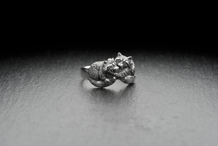 925 Sterling Silver Cuddling Raccoons Ring, Animal Couple Statement Band, Woodland Nature Jewelry Gift, Anniversary Gift, Unisex (etsy image id: 6092284339)