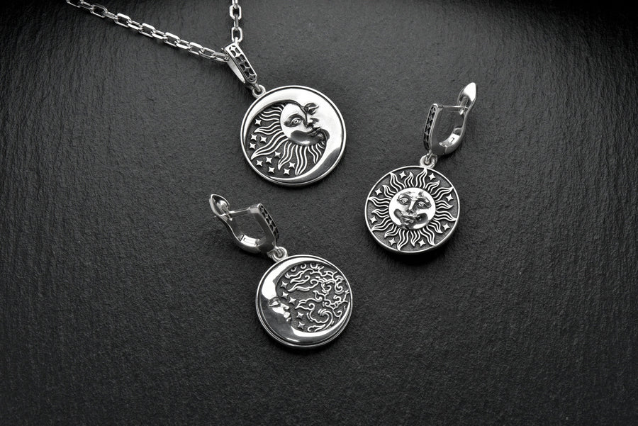 silver pendant	silver jewelry	Jewelry Sun and Moon	Pendant Sun and Moon	Moon necklace	Sun necklace	moon pendant	Sun pendant	sterling silver	gift for her	day and night	celestial jewelry	Light and darkness (etsy image id: 4613934491)